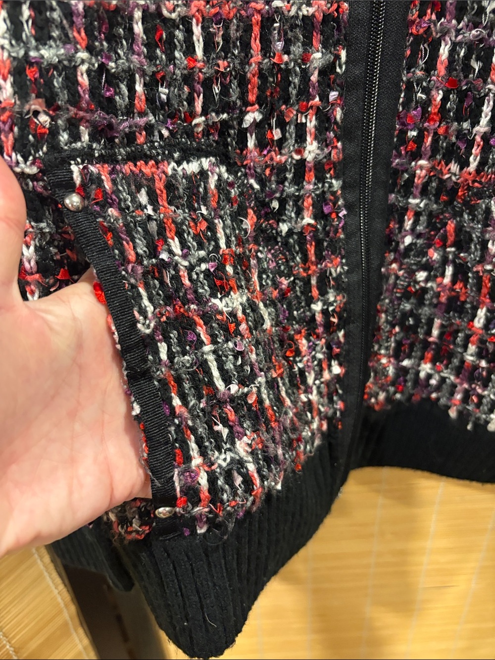 Black Multi-Color Tweed like Zip-Front Sweater - Picture 2 of 7